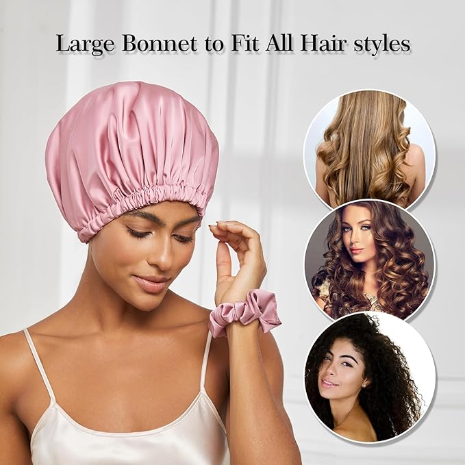 Satin Bonnet Silk Bonnet for Sleeping Women Double Layer Hair Bonnet Wrap Sleep Cap Gifts for Women Curly Hair Coral