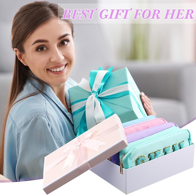 Remerry 4 Pcs Nylon Makeup Bags Waterproof Spacious Travel Cosmetic Bag for Women Chenille Letter Preppy Zipper Pouch Face Stuff Skin Hair Organizer Gift(Light Blue, Green, Purple, Pink)