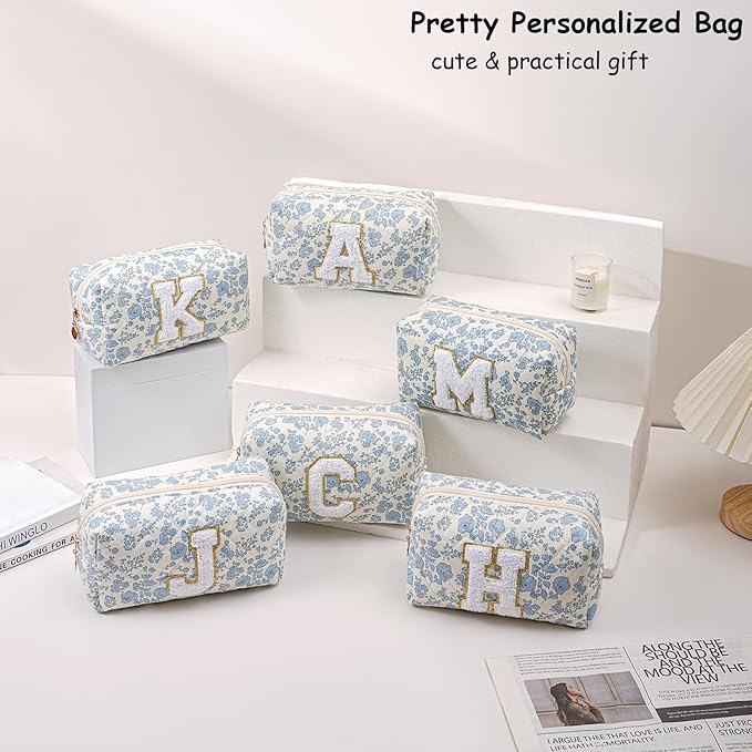 Gleyemor Personalized Initial Makeup Bag for Women, Cute Quilted Blue Floral Cotton Cosmetic Bag, Christmas Gifts for Her Mom Friend Sister Bridesmaid Teacher Women U