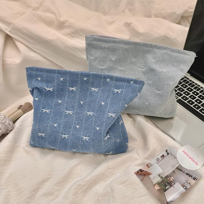 Flat Makeup Bag for Women,Zipper Cosmetic Pouch for Purse,Jean Blue