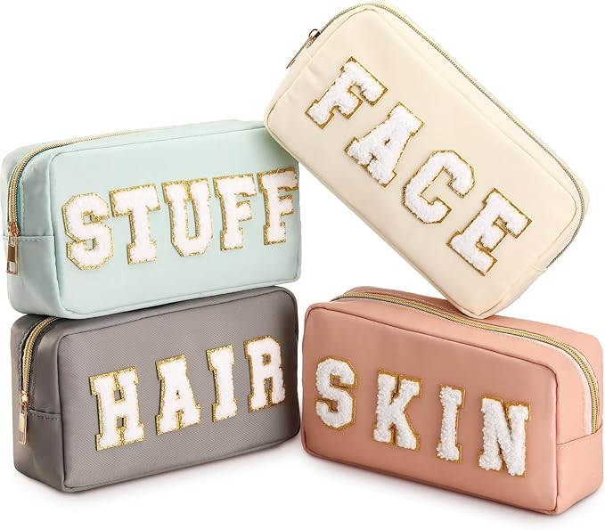 Cunno Preppy Makeup Bags Chenille Letter Stuff Bag Nylon Cosmetic Pouch Cases with Zipper for Women Travel Toiletry(Soft Color,Soft,4 Pcs)