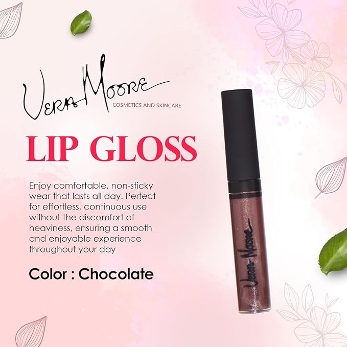 VERA MOORE COSMETICS AND SKIN CARE Lip Gloss, Moisturizing Lip Color with Shimmer for Long Lasting Shine, Lightweight Lip Stain, Girls Non-Sticky Lip Gloss with Aloe Vera, W/Vitamin C, E (Chocolate)
