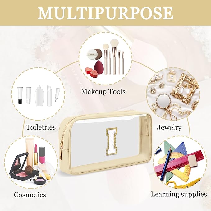 Small Clear Personalized Initial Makeup Bag,Nylon Preppy A-Z Chenille Letter Patch Cosmetic Pouch Beach Toiletry Bag,Waterproof Zipper Travel Purse Storage Bag Organizer for Women Girls(Beige-White I)