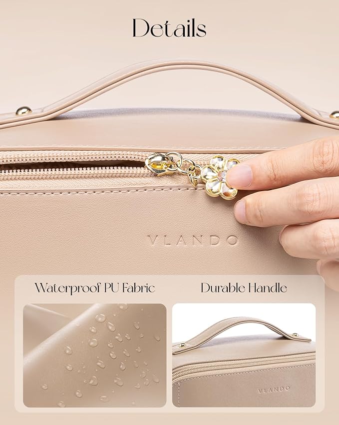 Vlando Makeup Bag,Large Capacity Travel Toiletry Bag,Cosmetic Bags for Women PU Leather Waterproof Portable Pouch with Divider & Handle-Toffee