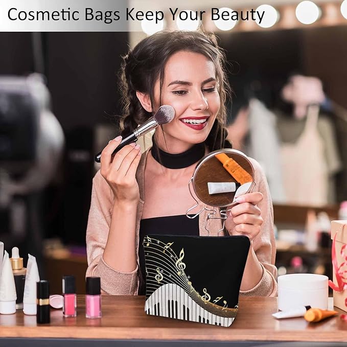 Kalygon Women Makeup Organizer Bag Piano Music Notes Instrument Piano Flax Cosmetic Bag Makeup Bags Toiletry Bag Accessories Organizer Travel Bags For Home Bathroom Office Hotel Gym Black Golden