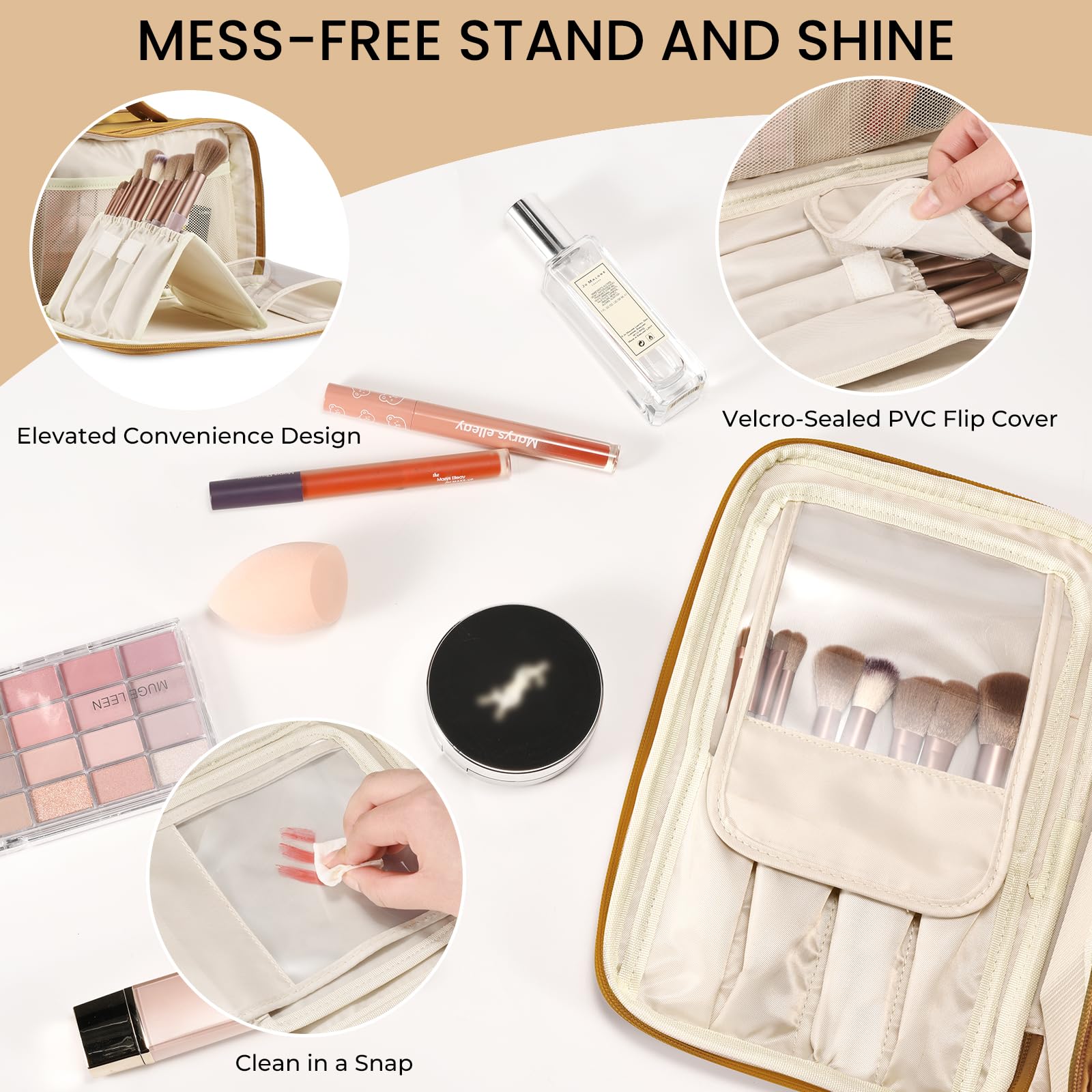 HauteHues Travel Makeup Bag Women's Large Capacity Cosmetic Portable Organizer Large Opening Waterproof Storage Toiletry Bags Vertical Free-Standing Brush Holder for Easy Access Orange