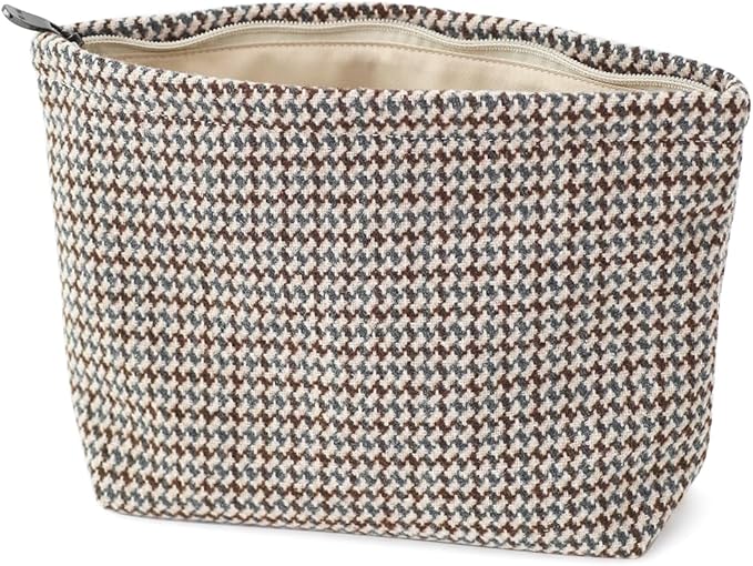 BBORGDC Large Capacity Plaid Tweed Makeup Bag - Travel Cosmetic Pouch & Toiletry Organizer with Zipper, Cloth Make Up Organizer for Daily Use, Gift for Women