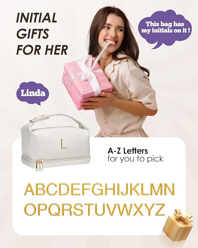 Gifts for Her, Personalized Makeup Bag with Handle, Initial Cute Cosmetic Bag with Makeup Brush Organizer, Mermaid Gift-PU Leather Travel Toiletry Bag, Gifts for Friends Female Mom