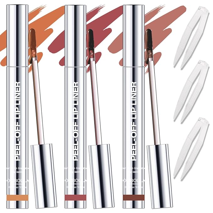 GLSFACE 3 Colors Peel Off Lip Liner with Tweezer Kit, Rich Color Matte Finish Lip Tint Stains Makeup Set for Women, Long Lasting, Waterproof, Smudge Proof, For All Skin Types (#1, #3, #5)
