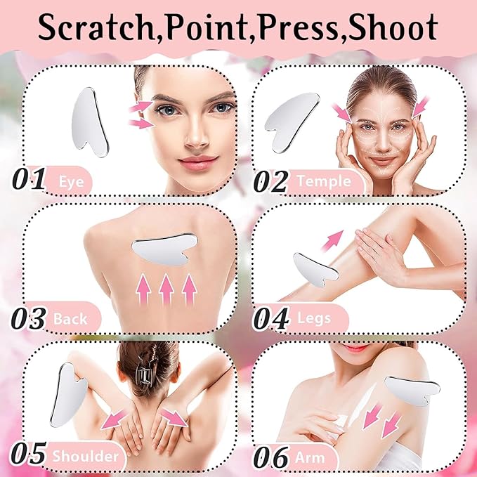 erdnretl Gua Sha Facial Tools and Face Roller Set, Stainless Steel Facial Sculpting Eyes Roller Guasha for Face, Chin & Jawline Sculpting,Skin Care (Silver)