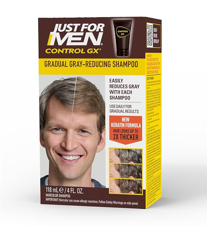 SHAMPOO Just for Men Control GX Grey Reducing for Lighter Shades of Hair, Blonde to Medium Brown, Gradual Hair Color with Keratin, 4 Fl Oz - Pack of 1 (Packaging May Vary)
