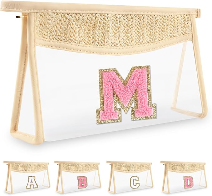 Small Boho Straw Initial Letter Makeup Bag Personalized Gift,Cute Clear Chenille Patch Makeup Bag With Zipper,Trendy TSA Approved Travel Toiletry Bag,Gift for Women Girls Birthday Friend, Letter M