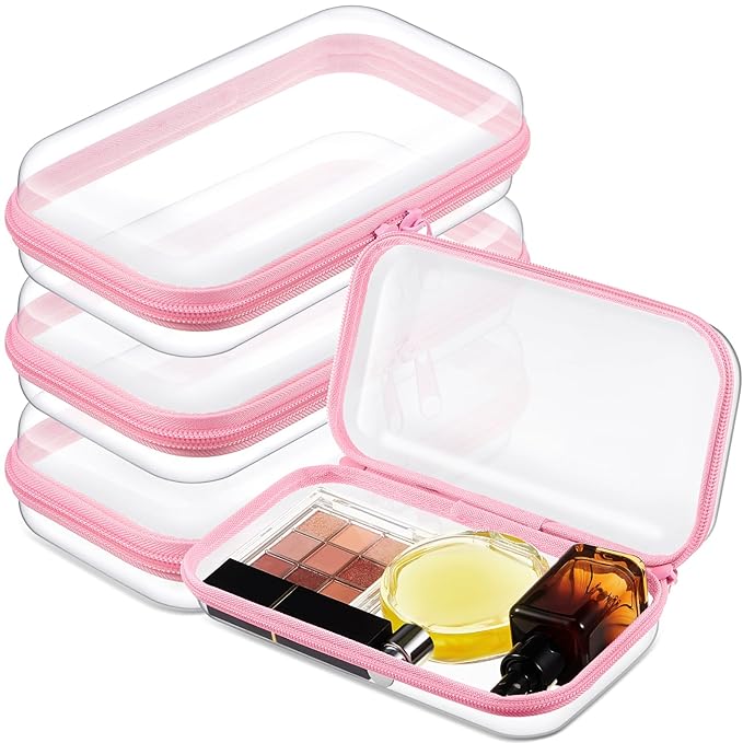 Hoolerry 3 Pcs Clear Hard Zipper Case Hard Plastic Zipper Pouch Makeup Bag Portable Travel Organizer for Cosmetics, Office Supplies, Documents & Toiletries(Pink,S)