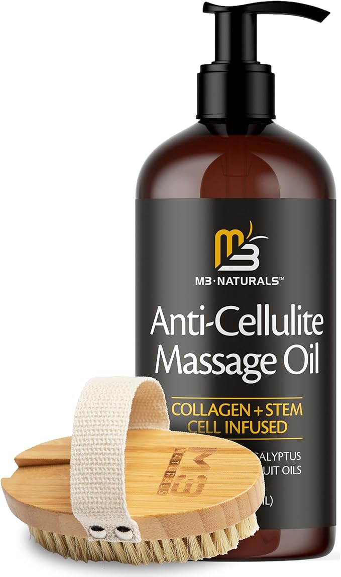 Anti Cellulite Massage Oil and Firm Dry Body Brush Kit, 8 fl oz by M3