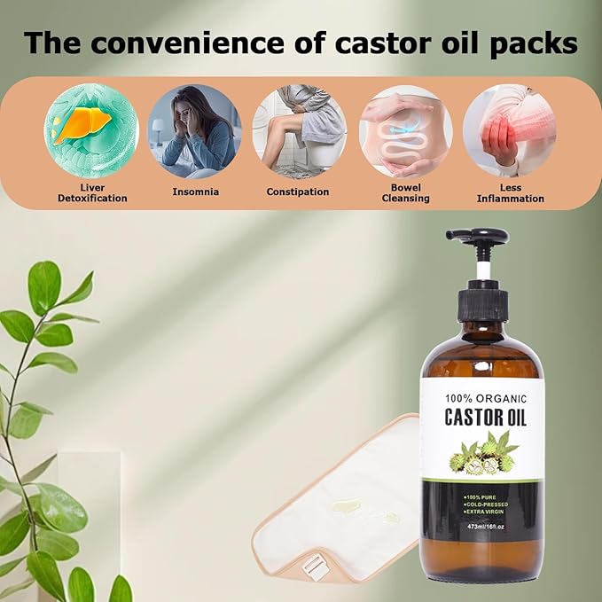 XIKERAY Organic Cold Pressed Unrefined Castor Oil (16oz/473ml), Castor Oil Pack Kit with Organic Cotton Wrap for Waist, Knees, Neck