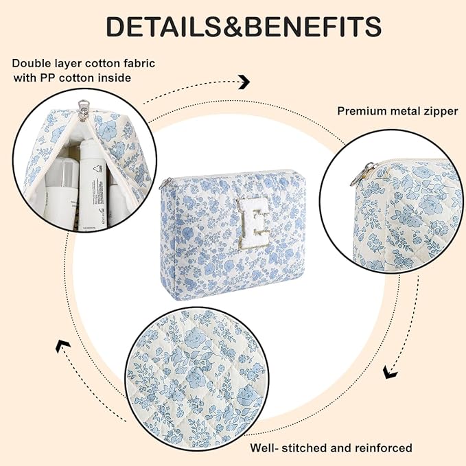 Alphabet Makeup Bag Cosmetic Bag for Women, Christmas Gifts for Age 11-18, Personalized Floral Coquette Travel Bag, Trendy Stuff Zipper Make Up Pouch Organizer Bag (Blue Floral E)