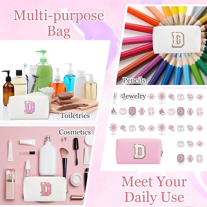 Glitter Initial Letter Makeup Bag, Small Personalized Sequins Letters PU Leather Cosmetic Bag Portable Waterproof Makeup Zipper Pouch, Shine Handbag Organizer Travel Bag Gifts for Women&Girls(White-D)