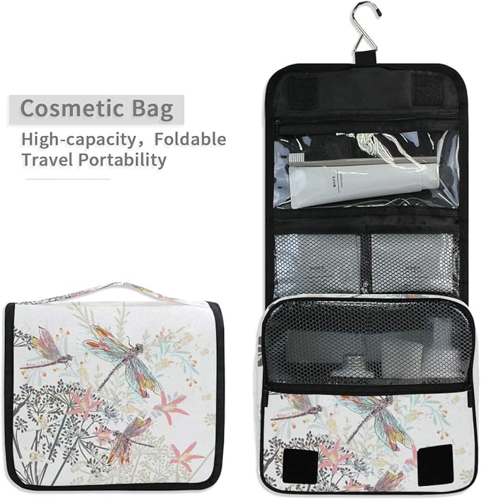 senya Hanging Travel Toiletry Bag Hippo Swimming Kit Makeup Case Cosmetics Organizer for Men Women (Flowers And Dragonfly)