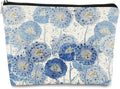 BARPERY Cottagecore Floral Makeup Organizer - Indigo Watercolor Dandelion, Aesthetic Flower Makeup Bag for Women & Girls