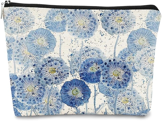 BARPERY Cottagecore Floral Makeup Organizer - Indigo Watercolor Dandelion, Aesthetic Flower Makeup Bag for Women & Girls