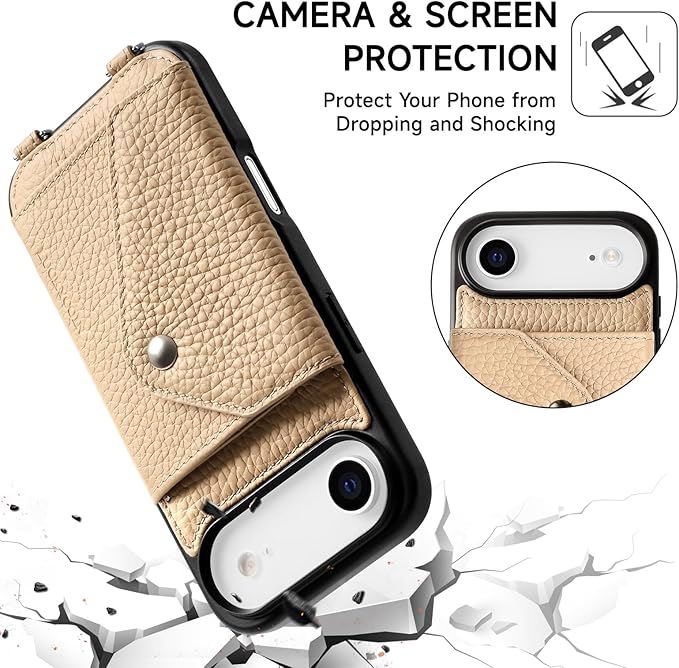 LUCKYCOIN Crossbody Phone Case for iPhone Air,100% Genuine Leather Phone Wallet Case for Women,Fashion Premium Hands-Free Phone Purse with Expandable Flip Card Holder & Adjustable Strap - Pebble Beige