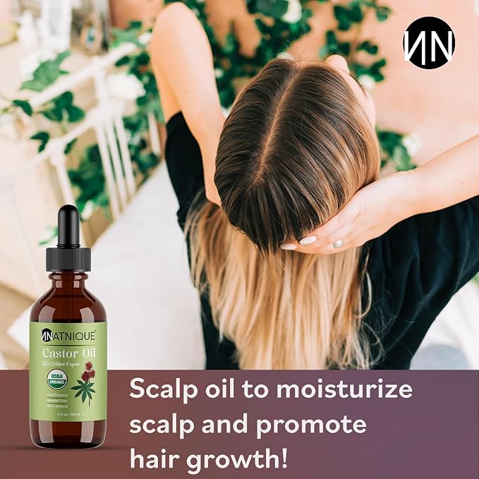 Natnique Castor Oil – USDA Certified Organic, 100% Pure Cold Pressed Unrefined Oil for Hair Growth, Eyelashes, Eyebrows & Scalp – Natural Skin Moisturizer, Lash Serum & Hair Treatment (4 oz)