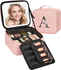 Relavel Initial Makeup Bag with LED Mirror for Women, Personalized Monogram Travel Cosmetic Organizer Train Case, Gifts for Teens Girls Grandkids Graduation Teacher Friends, Trendy Stuff, Pink A
