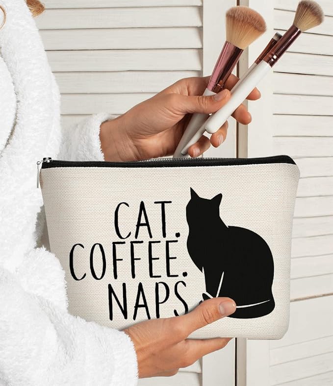 BARPERY Cat Coffee Naps Black Cat Funny Cartoon Kitty Kitten Makeup bag,Cosmetic Bag Zipper Travel Toiletry Bag Best Gift Idea for Cat Lovers Teen Girls,Cat Owners Gifts,Birthday Christmas's Gift