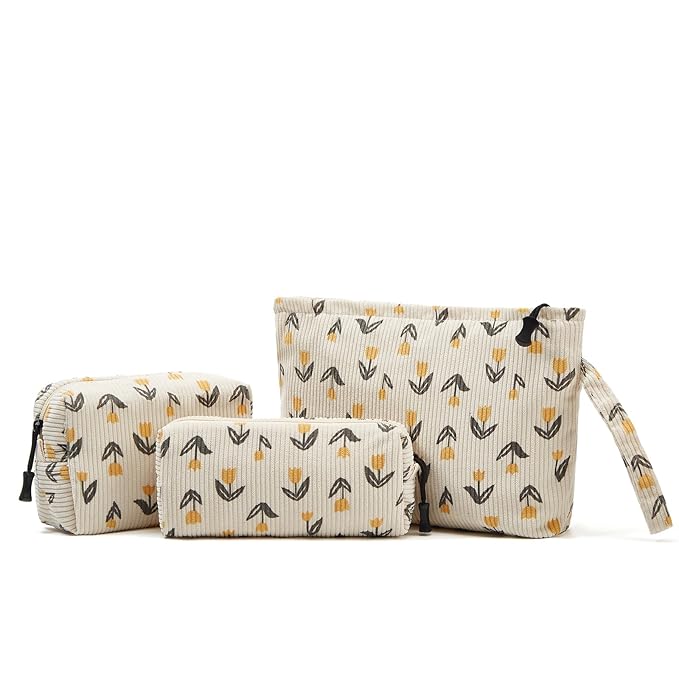 ZOEMTIU Makeup bag set small Cosmetic bag for women purse Corduroy Organizer with interior Pockets,cute Pencil zipper Pouch travel Toiletry Bag with handle(Tulip Yellow)