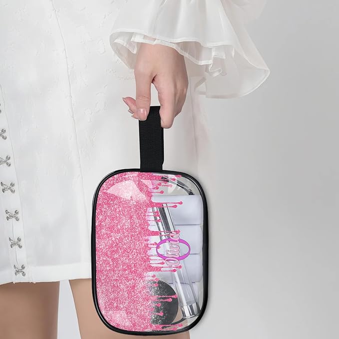 KFNHN Customized Travel Makeup Toiletry Bag, PVC Transparent Waterproof Large Cosmetic Bag Makeup Shaving Bag Organizer Case, Hot Pink Curtain Glittery