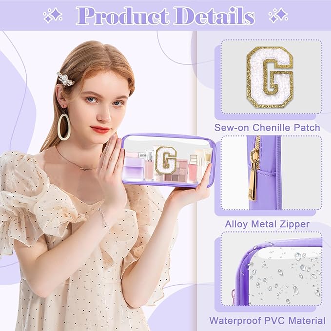 UIXIZQ Personalized Initial Letter Clear Makeup Bag,Preppy Small Nylon&PVC Cosmetic Zipper Bag with Chenille Letter,Travel Skincare Toiletry Bag,Monogram Christmas Gift for Teen Girls Women,G