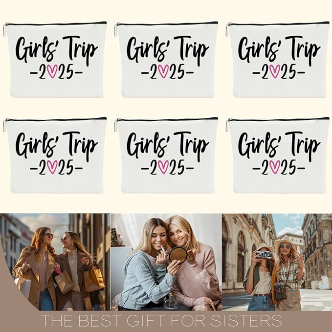 6 PCS Girls Trip Gifts Favors 2026 Girls Weekend Gifts for Women Bestie Gifts Friend Gifts Girls Trip Favors for Best Friend Sister Lady Friendship Holiday Vacation Makeup Bag Weekend Bags for Women