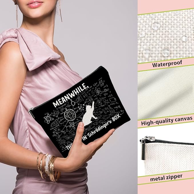 BQXH Funny Physics Makeup Bag, Physics Gifts Cosmetic Bag, Cat Lovers Organizer Zipper Pouch Science Teacher Gifts for Women Friends Sister Coworker Daughter Scientist Science Nerd