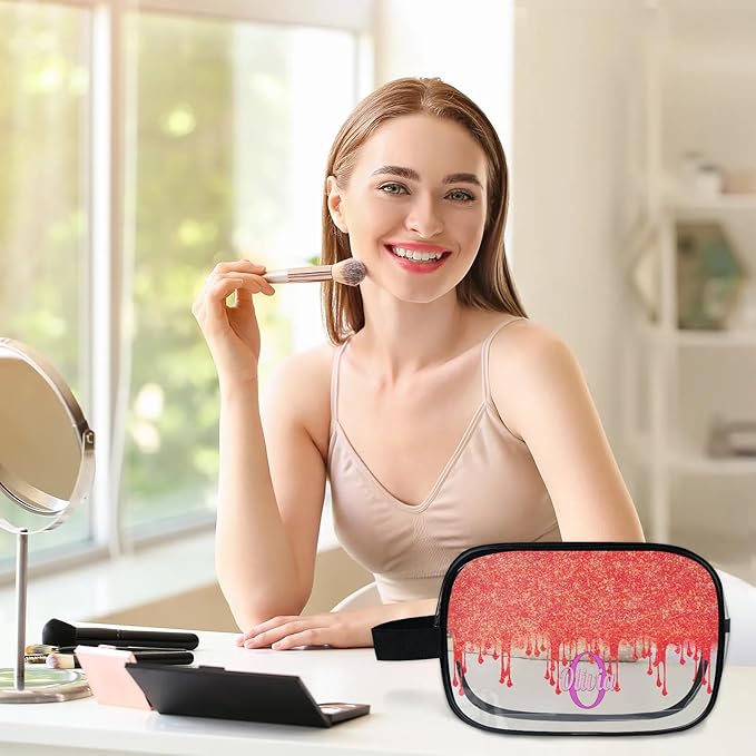 KFNHN Custom Travel Clear Cosmetic Bag with Name, Personalized Large Capacity Weekend PVC Transparent Toiletry Bag Portable Bathroom Makeup Organizer, Red Curtain Glittering