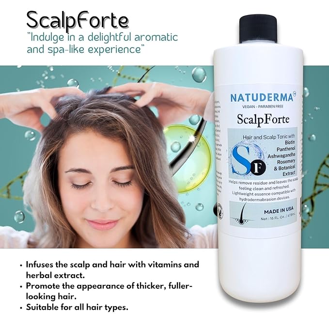 Natuderma Scalpforte Hair and Scalp Tonic with Biotin & Panthenol for Thicker-Looking Hair, Serum for Hydrodermabrasion Machine to Cleanse, Hydrate and Moisturize the Scalp (16 Oz)