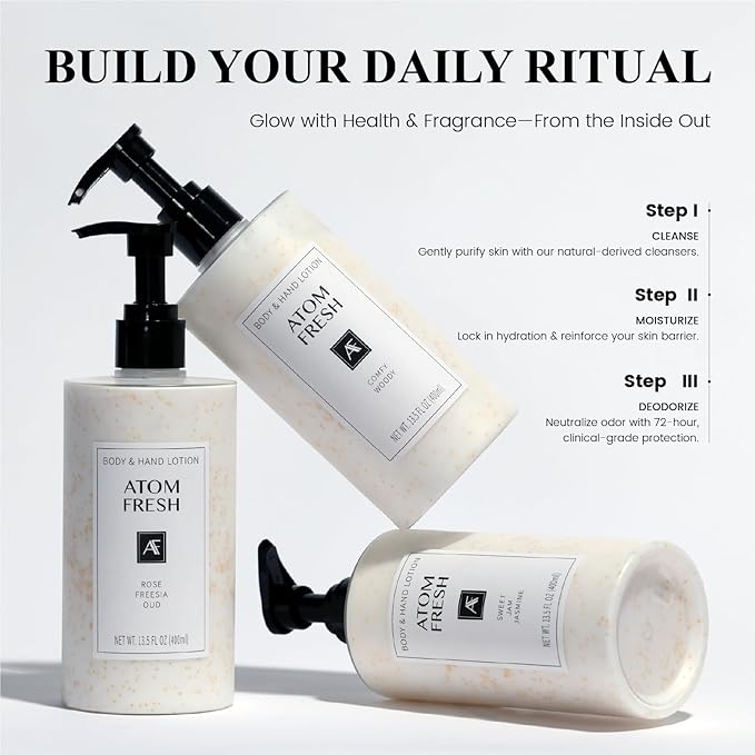 Atom Fresh Firming Body Lotion with 2% Niacinamide & Peptides, Fast-Absorbing Daily Moisturizer for Dry Skin, Ceramide Barrier Repair, Rose Freesia Oud, 13.5 fl oz
