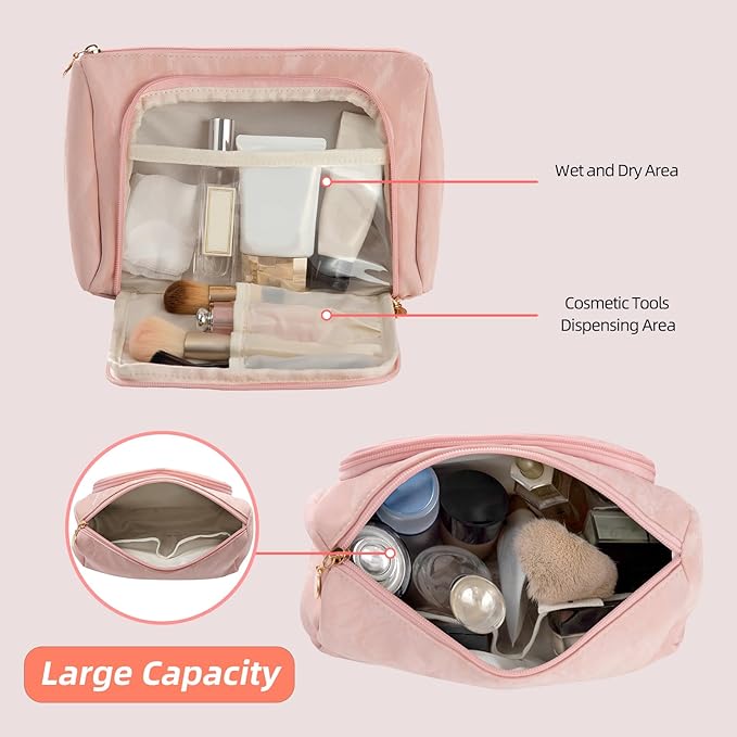 YIYIDSTO Cosmetic Bag Travel Makeup Bag Large Capacity Small Travel Zipper Pouch Makeup Organizer Bag for Women (Pink-2 Pack)