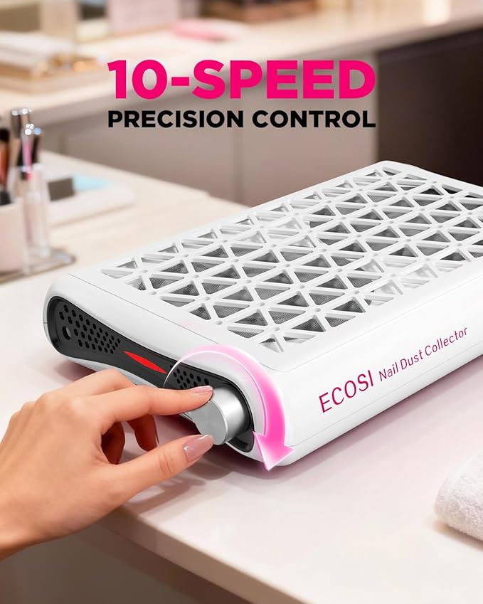 ECOSI Nail Dust Collector, 8000RPM & 1600PA Dual Turbo Professional Vacuum Fan Dust Extractor with 30 Pcs Filter Papers, Stepless Adjustable Suction for Manicure, Salon Nail Tech & Home (White)