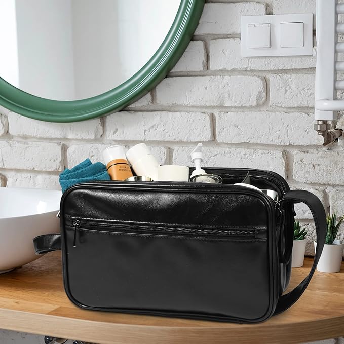 BNSPOCKET Personalized Leather Travel Toiletry Bag for Men, Large Travel Bathroom Shaving Dopp Kit, Large Cosmetic Bag Waterproof