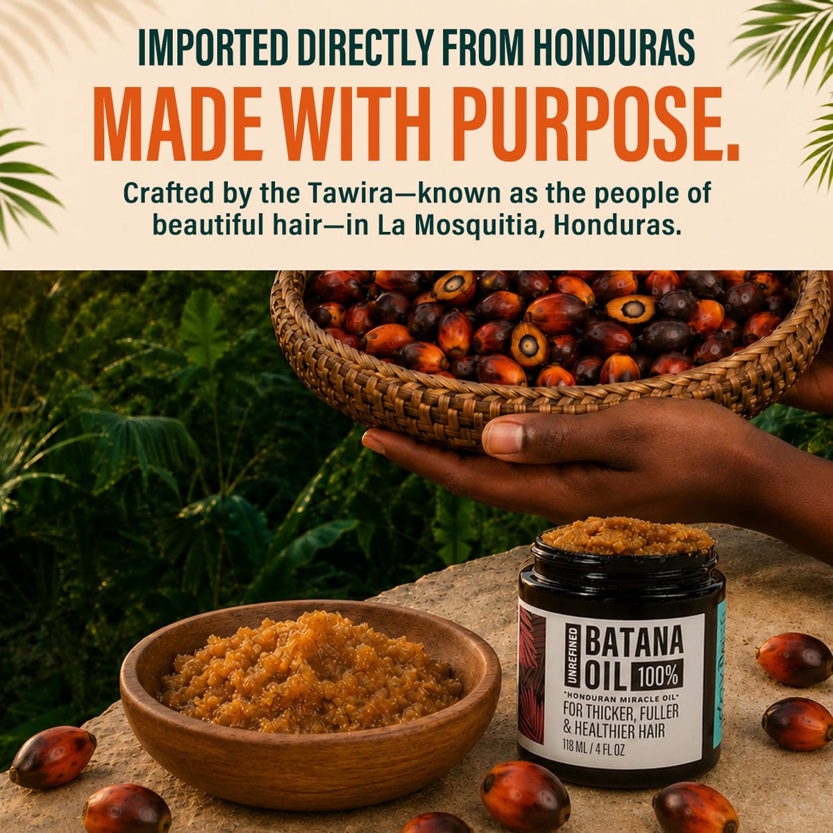 Unrefined Batana Oil for Hair Growth - Authentic & Organic Dr Sebi Batana Hair Mask from Honduras - Natural Hair Growth Oil - 4 Ounce Jar