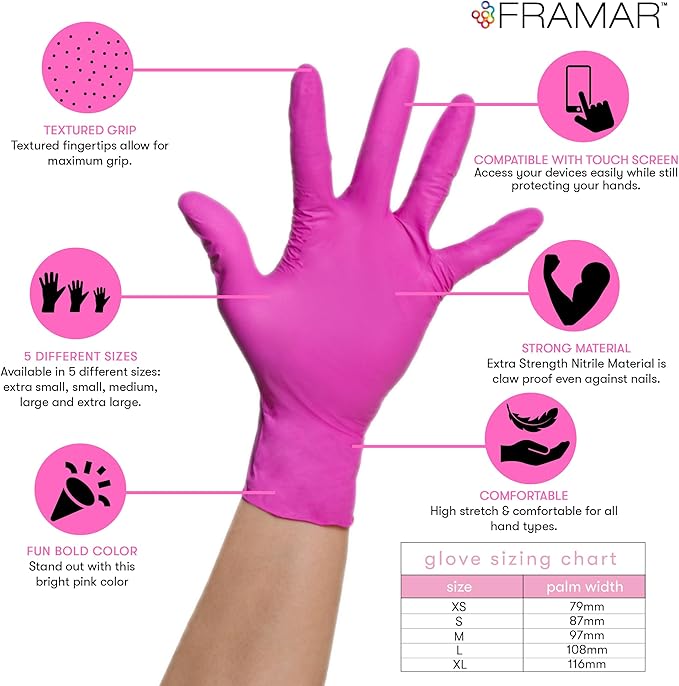 FRAMAR Pink Gloves Disposable Latex Free XS, Pink Nitrile Gloves XS