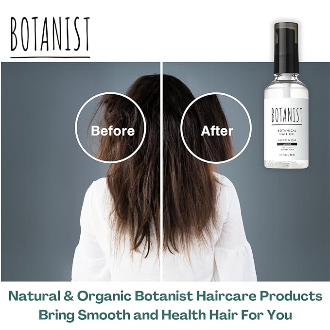 Botanist Natural Hair Oil Spray for Dry Hair, Hydrating Hair Oil Mist for Women & Men with Jojoba Oil& Organic Extracts, Scalp Oil Treatment for Dry Itchy Scalp from Japan MOIST 2.7Fl Oz APRICOT& ROSE