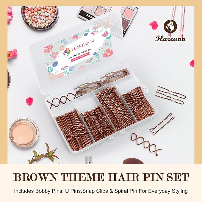 FLAREANN Brown Bobby Pins Set with U Shape Pins, Spiral Pin & Snap Clips