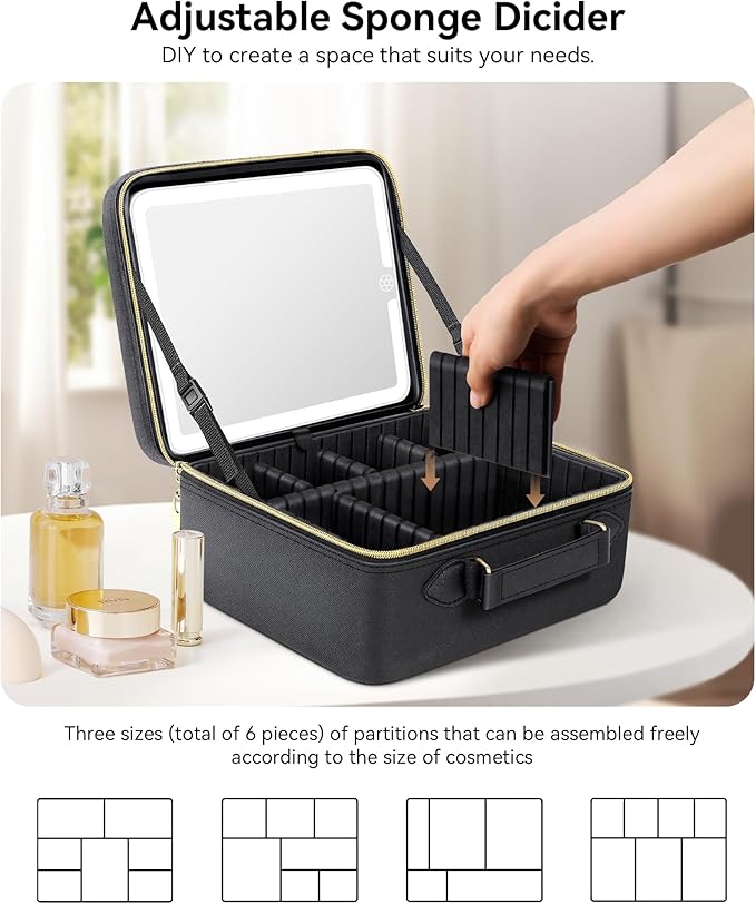 JUSRON Travel Makeup Bag With LED Mirror,Train Case with Light up Mirror, Portable Makeup Artist Organizer Bag with Adjustable Dividers, Makeup Brush Holder Storage(Black, Large)