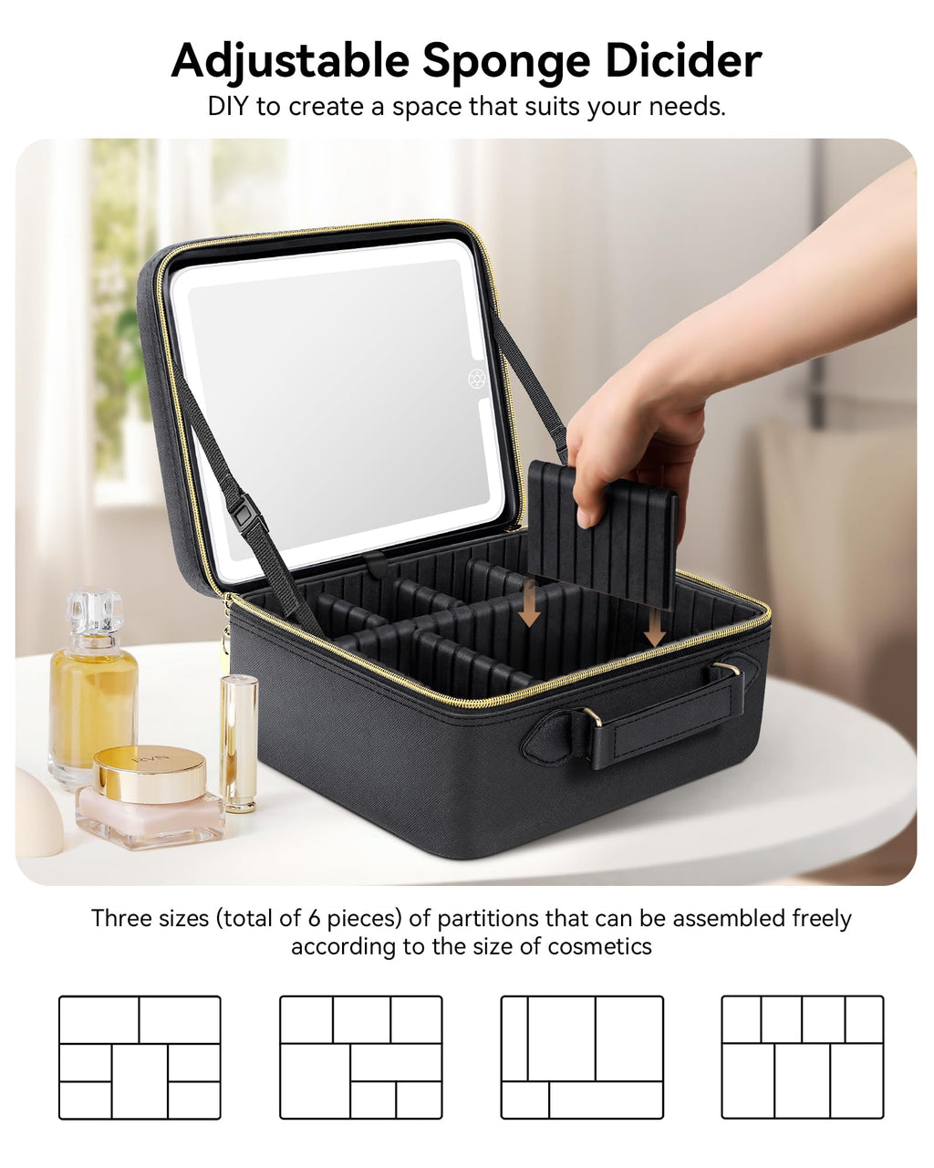 JUSRON Travel Makeup Bag With LED Mirror,Train Case with Light up Mirror, Portable Makeup Artist Organizer Bag with Adjustable Dividers, Makeup Brush Holder Storage(Black, Large)