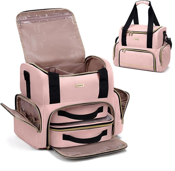 BAFAMYE Large Makeup Cosmetic Bag with 2 Removable Case, Double Layer Travel Makeup Organizer Case, travel Toiletry Bag For Women, Pink