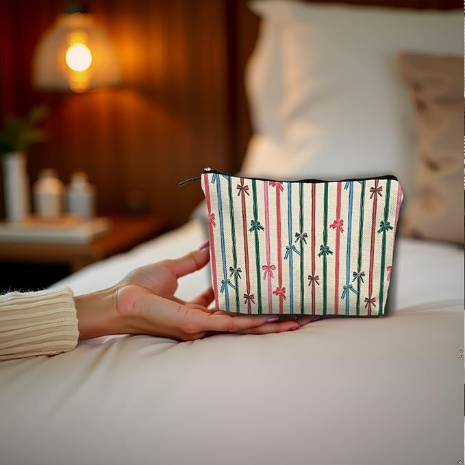 SAFDSGFDB Coquette Christmas Ribbon Bow Makeup Bag, Preppy Red Green and Pink Striped Christmas Cosmetic Bags Gifts for Women, Girly Xmas Portable Travel Toiletry Bag Zipper Makeup Pouch