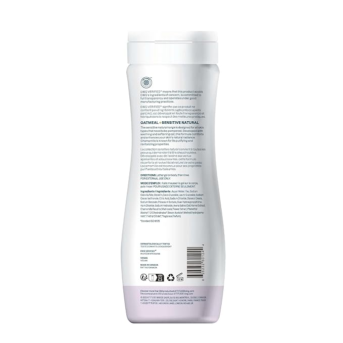 ATTITUDE Body Wash for Sensitive Skin, EWG Verified Shower Gel, Soothing Oat, Dermatologically Tested, Plant and Mineral-Based, Vegan Personal Care, Sweet Jasmine Scent, 16 Fl Oz