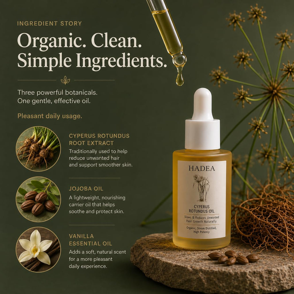 HADEA Cyperus Rotundus Oil to Reduce Hair Growth 100% Organic High-Potency Steam Distilled Cyprus Nutgrass Cypress Inhibitor | Cypress Rotundus Oil For Pcos, Hirsutism, Any Unwanted Hair 30ml