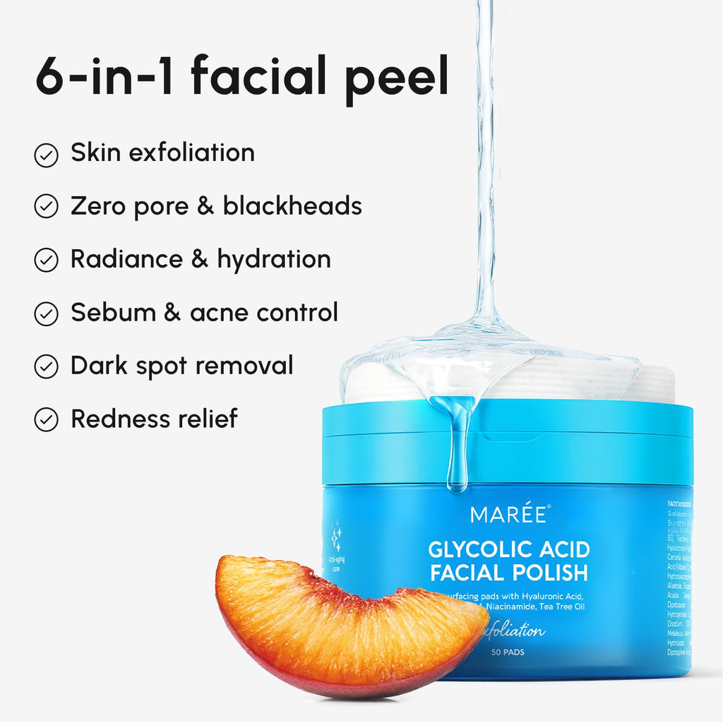 MAREE Glycolic Acid Pads - Toner Pads for Face Cleansing - Exfoliating Pad with Tea Tree Oil, Salicylic Acid & Vitamins E, B3, B5 - Facial Polishes & Peels, Skin Pore Resurfacing & Radiance - 50 Count